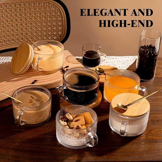 6 PACK Vintage Glass Coffee Mugs 14oz Clear Embossed Tea Cup Set with Bamboo Lids and Gold Spoons,Yogurt Bowl,kitchen gifts for women