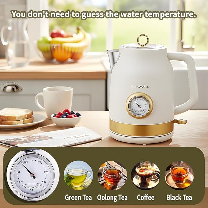 Retro Electric Kettle, 1.7L 304 Stainless Steel Tea Kettle with Temperature Gauge, 1500W Fast Boiling Water Boiler,Auto Shut-Off & Boil-Dry Protection, BPA-Free, Matte White and Gold