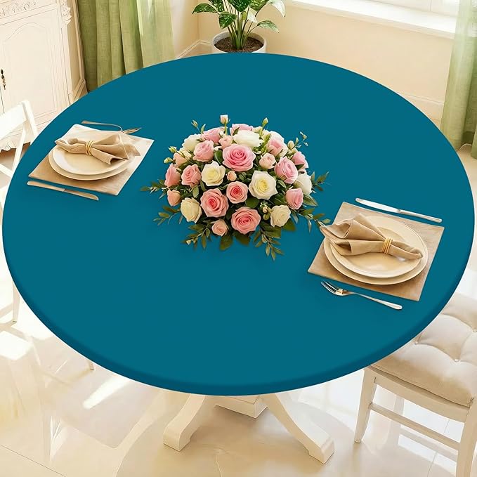 Round Spandex Tablecloth, Elastic Fitted Waterproof Tablecloths for 45"-56" Tables, Stretch Washable Picnic Table Cover for Camping, Dining, Indoor and Outdoor,Peacock Blue
