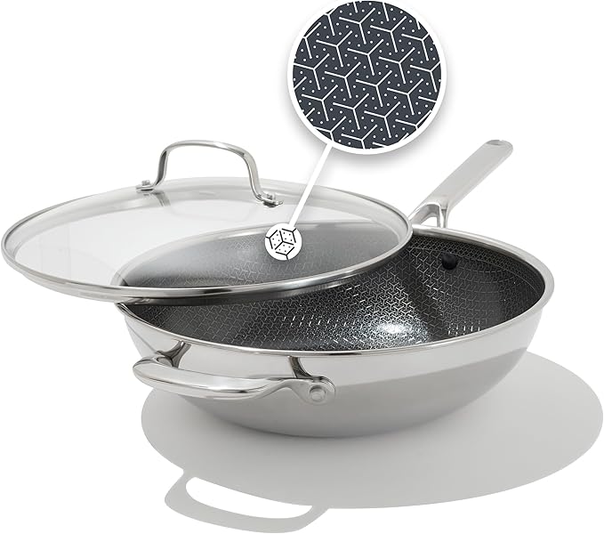 OXO Hybrid 12” Nonstick Wok with Glass Lid, PFAS-Free Ceramic Stir-Fry Pan, Induction & All Cooktop Compatible, Dishwasher Safe, Fusion Boost Tech for Powerful Searing, Mirror Polished Tri-Ply