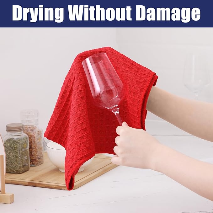 Homaxy Microfiber Waffle Weave Kitchen Towels Set, 16 x 28 Inch and 12 x 12 Inch Ultra Absorbent and Solid Color Dish Towels, 8 Pack, Red