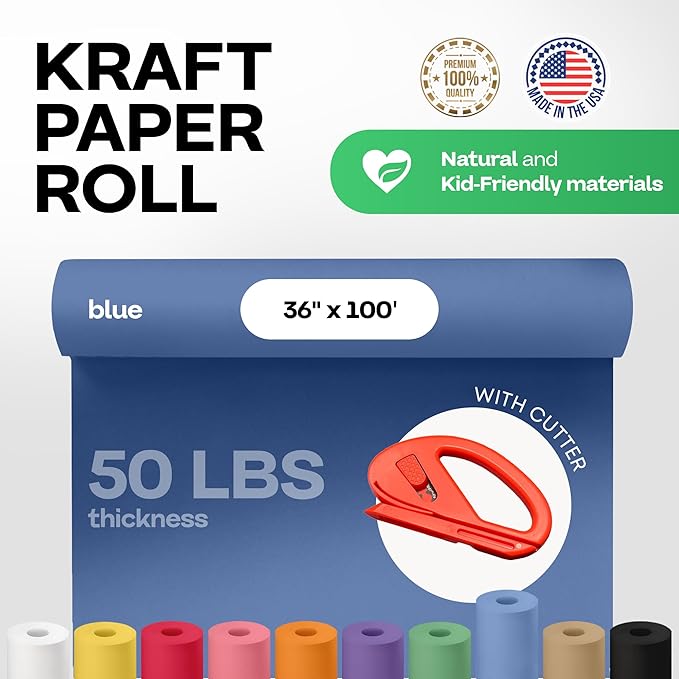 Blue Kraft Paper Roll 36" x 1200" (100 feet) with Cutter - USA-Made Wrapping Paper for Packing, Moving, Shipping & Crafts/Arts - 100% Recyclable Natural Craft Material by IDL Packaging
