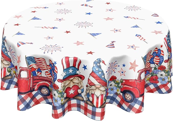 4th of July Round Tablecloth 70 Inch Patriotic Truck Gnome American Flag Polyester Table Cloth Memorial Day Independence Day Table Cover Decoration for Kitchen Dinner Party