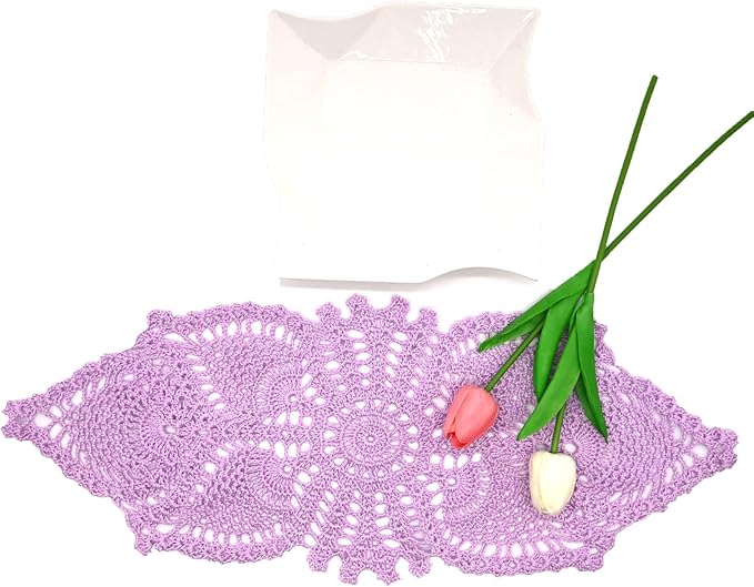 BIBITIME Crochet Lace Table Doilies Eyes Flower Doily Kitchen Vase Place Mats (7 in x 21 in,Pack of 2PCS, Style02-Light Purple)