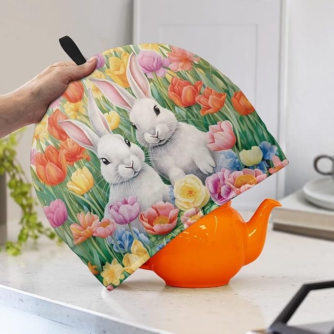 Rabbits Teapot Cover Tea Cozy for Teapot Insulated Kitchen AccessoryTulips Tea Pot Cozy for Keeping Warm Home Decor Teapot Cover