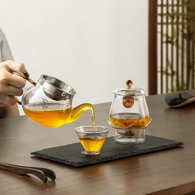 560ml (18.94 oz) Borosilicate Glass Teapot Set, 2-in-1 Gongfu Tea Brewer with Upper Brewing Pot and Lower Serving Kettle, Clear Teapot with Base for Blooming and Loose Leaf Tea