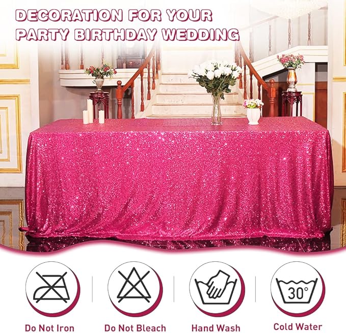 Eternal Beauty Hot Pink Tablecloth, 50x80 Inch Sequin Rectangle Table Cover for Valentines Cake Dessert Exhibition Party Birthday Events