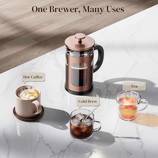 Veken French Press Coffee Maker 21oz 0.6 L, Single Serve Small Pot, Heat Resistant Thickened Borosilicate Glass, Stainless Steel Brewer, Cold Brew Cafetera Teapot for Kitchen Travel Camping, Copper