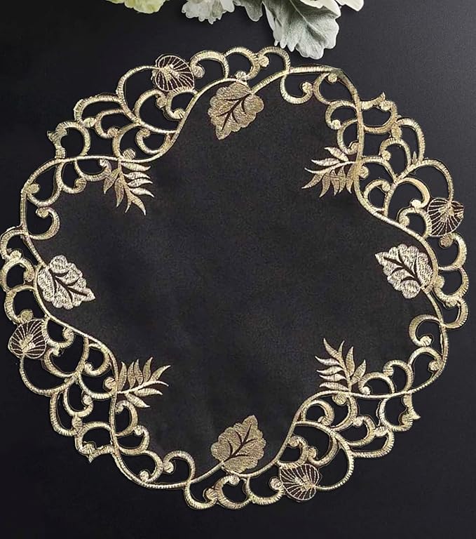 Decozen Set of 8 Doilies for Table, Lace Doilies - Rustic, Crochet, Farmhouse, Kitchen, Dining Table Centerpiece Decor - Round Christmas Placemats - 15 inch Gold Black, The Tarantino Collection