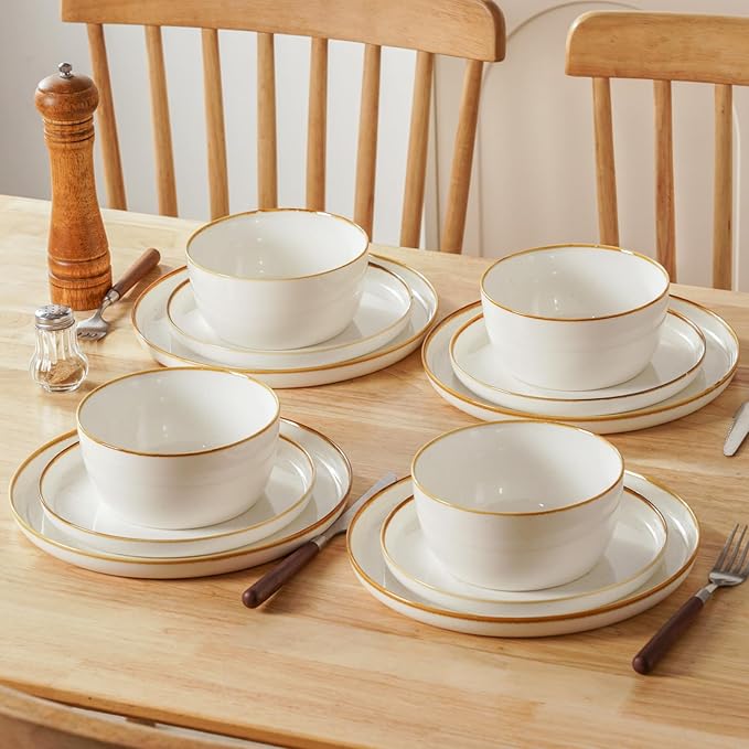 Yachi Plates and Bowls Sets, 12 Pieces Modern Porcelain Dinnerware Set for 4 Kitchen Dinner Set Ceramic Dishware Dishes Set Microwave and Dishwasher Safe, White, Series