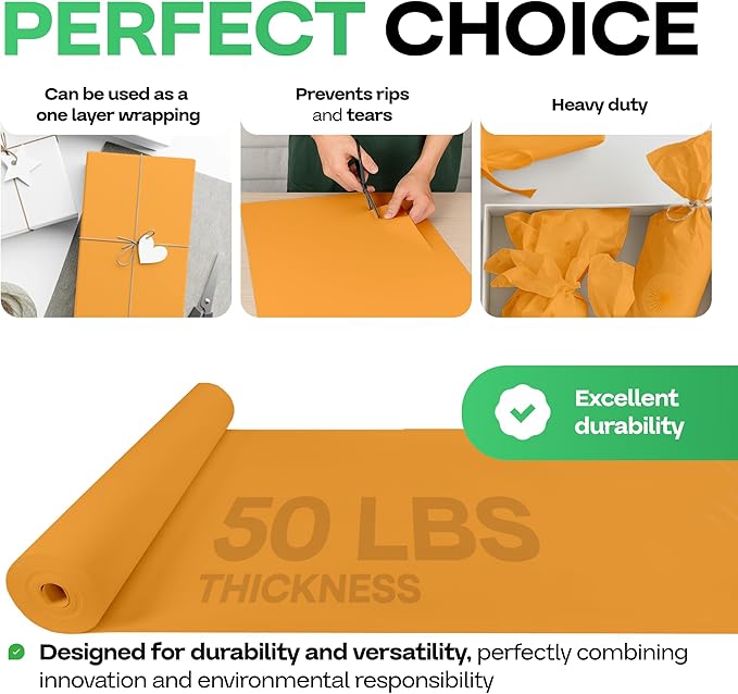 Orange Kraft Paper Roll 18" x 1200" (100 feet) with Cutter - USA-Made Gift Wrapping Paper for Packing, Moving, Shipping & Crafts/Arts - 100% Recyclable Natural Craft Material by IDL Packaging