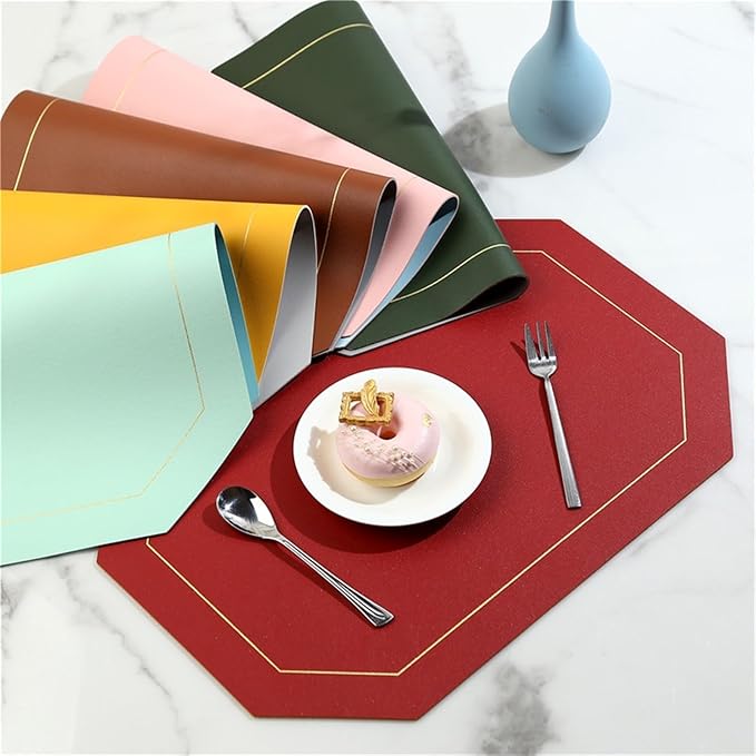 Placemat for Dining Table Waterproof Non-Slip Octagonal Leather Place Mat Kitchen Accessories Coaster Cup Pad Two Sided Color(Yellow)