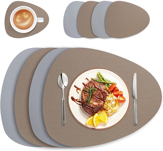 Faux Leather Placemats and Coasters Set of 4/8/12 Dual-Sided Round Place Mats for Kitchen Dining Coffee Oval Modern Table Mates(Grey Khaki,Set of 12)