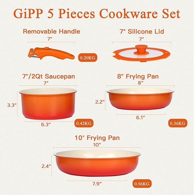 GiPP 5PCS Pots and Pans Set Non Stick, Nonstick Cookware Set Detachable Handle,Ceramic Pots for Cooking Non Stick with Removable Handle, RV Cookware Set, Orange Gradien