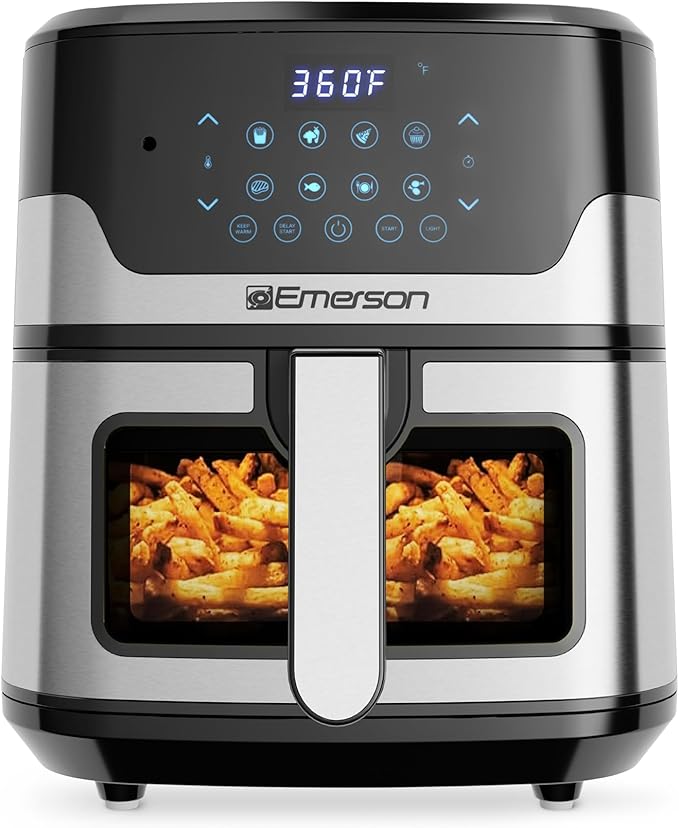 Emerson SmartVoice 5.3QT 6-in-1 Air Fryer, 1000+ Voice Control Commands, 100+ Recognized Food, No APP, No WIFI, No Setup, Nonstick Basket, Air Fry, Bake, Reheat, Dehydrate, 1500W