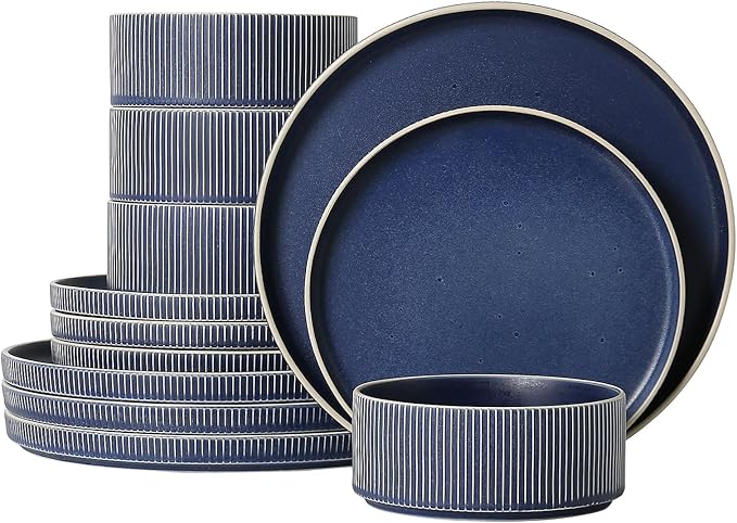 Dinnerware Set Service for 4, 12-Piece Ceramic Plates and Bowls Set, Chip & Scratch Resistant, Microwave and Dishwasher Safe, Modern Minimalist Tableware for Everyday Use, Matte Blue
