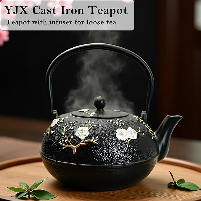 YJX 60.9oz Large Cast Iron Teapot for Stovetop, Japanese Tetsubin, Heavy and Durable Tea Pot, Tea Kettle with Stainless Steel Infuser for Loose Tea, Floral Pattern(1800ML)