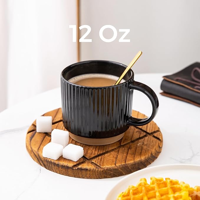 GBhome 12OZ Stackable Coffee Mugs, Ceramic Coffee Mugs with Texture Patterns for Man,Woman,Dad,Mom, Modern Coffee Mugs Set of 4 for Latte/Cappuccino/Cocoa. Dishwasher&Microwave Safe, Black