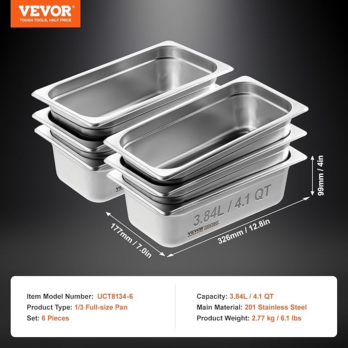 VEVOR 6-Pack Stainless Steel Hotel Pans - 1/3 Size 4-Inch Deep 0.8mm Thick Anti-Jam Commercial Food Pans for Steam Tables, Restaurants, Catering & Industrial Use