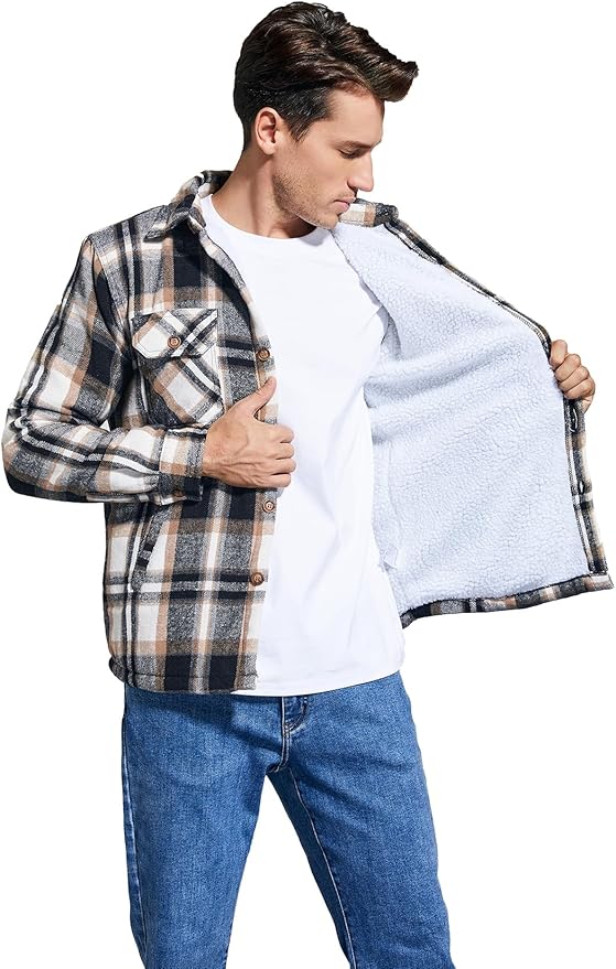 Men's Cotton Sherpa Lined Button Down Flannel Shirt Jacket Plaid Soft Outdoor Flannel Jacket Shirt