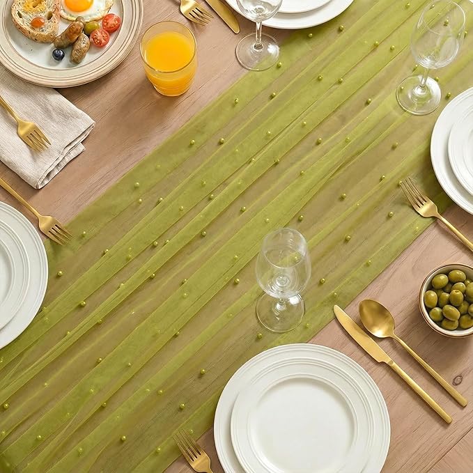 Artoid Mode Pearl Olive Green Gauze Table Runner 120 Inch 10FT, Seasonal Sheer Dining Holiday Wedding Birthday Baby Shower Table Decor for Home Party
