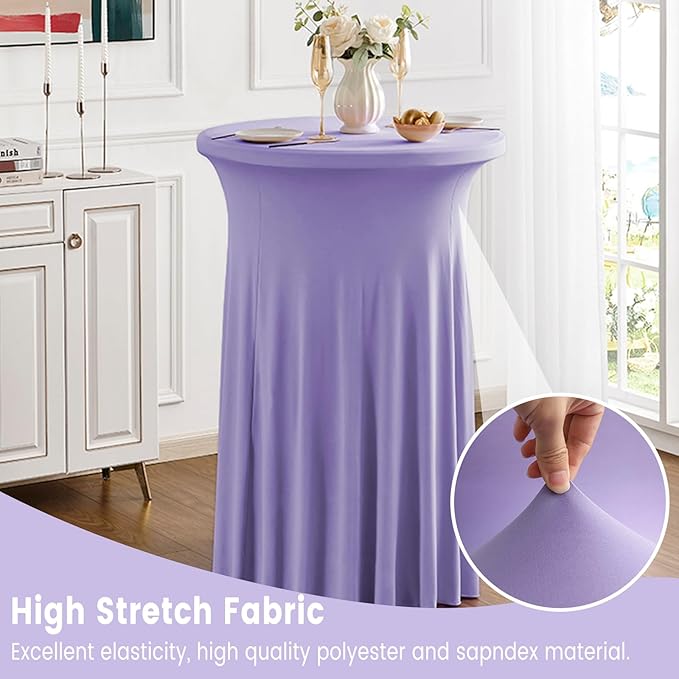 Qubjus 2 Pack Round Cocktail Table Covers with Skirt Stretch Spandex Tablecloth 32"x43" Cocktail Round Tablecloth for Party Wedding Birthday Banquet, Light Purple