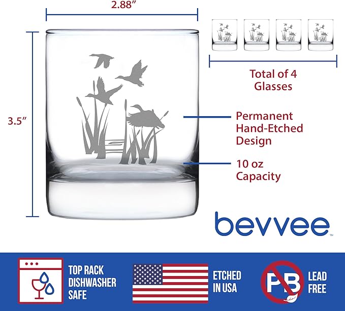 Bevvee Duck Pond Whiskey Rocks Glass - Cabin Themed Gifts or Rustic Decor for Men and Women - Fun Whisky Drinking Tumbler - Set of 4-10.25 oz