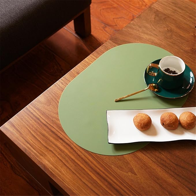 Leather Placemat Oval Oil-Proof Table Mat Home Dining Kitchen Table Placemat Design Dining Waterproof Heat Home Decor(Mist Blue)