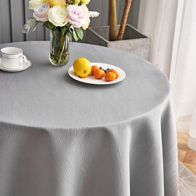 maxmill Round Jacquard Tablecloths Swirl Pattern Spillproof Wrinkle Free Heavy Weight Soft Table Cloth for Circular Table Cover of Buffet Banquet Parties Holiday Dinner Round 90 Inch Light Grey