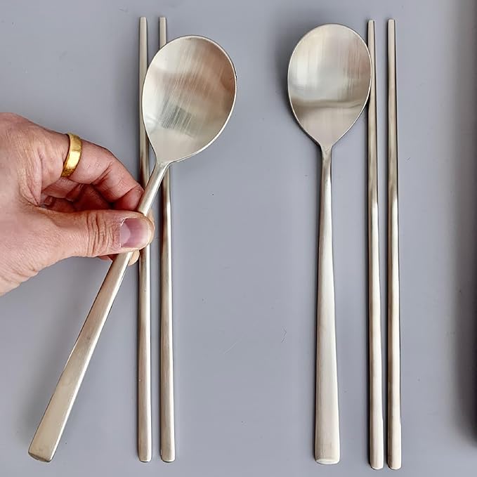 Korean Made Traditional Utensil Chopstick Set Flatware Champagne Gold Stainless Steel Spoon & Chopsticks Comfortable Grip Stocking Stuffer