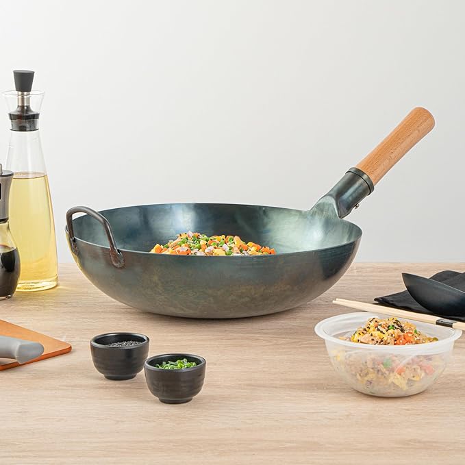 Restaurantware-Motomori 14 Inch Blue Carbon Steel Wok Pan, 1 Traditional Japanese Wok - Flat Bottom, Hand-Hammered, Carbon Steel Traditional Stir Fry Pan, With Wooden Handle