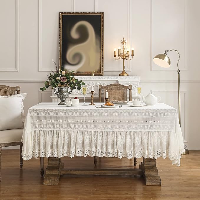 patdrea Vintage White Lace Tablecloth,Design Embroidered Cotton Ruffle Table Cloth for Rectangle Table,Elegant Rustic Fabric Decorations for Wedding Party Thanksgiving Christmas 67"*110"