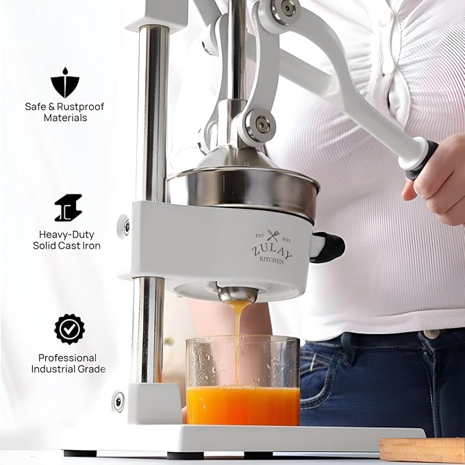 Zulay Kitchen Cast Iron Juicer - Easy-to-Clean Heavy-Duty Manual Juicer, Professional Citrus Juicer - Stainless Steel Lemon Squeezer - Manual Citrus Press & Orange Squeezer - Orange Juicer – White