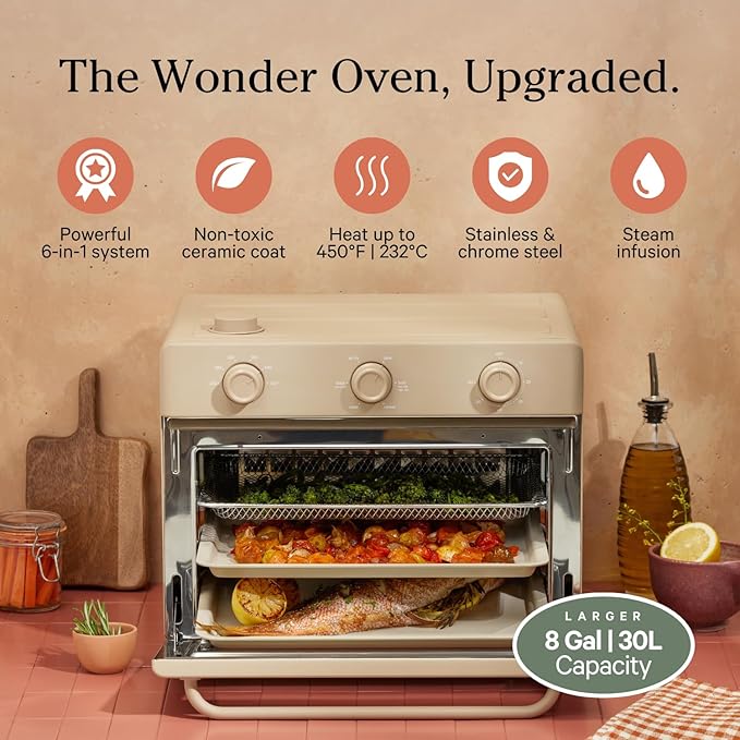 Our Place Large Wonder Oven | 6-in-1 Stainless Steel Air Fryer Toaster Oven Combo with Basket, Rack, Pan & Tray | 3-Rack, 32 QT, Large Capacity - Toast, Roast, Bake, Reheat, Broil & Steam | Steam