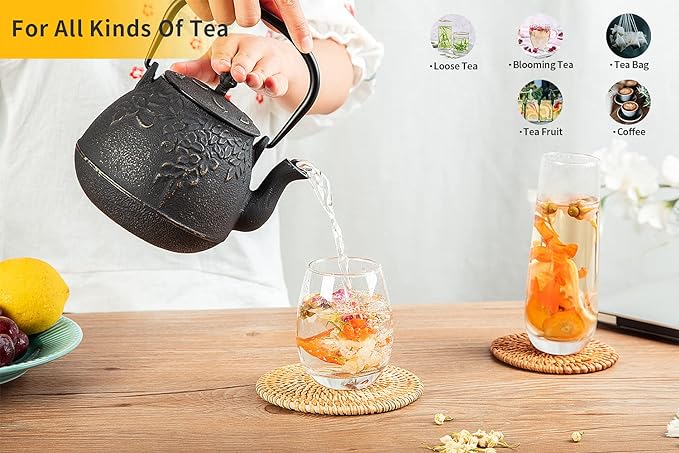 Toptier Cast Iron Tea Kettle, Stovetop Safe Japanese Cast Iron Teapot with Infuser, Leaf Design Tea Kettle for Stove Top Coated with Enameled Interior for 32 Ounce (950 ml), Warm Beige & Gray