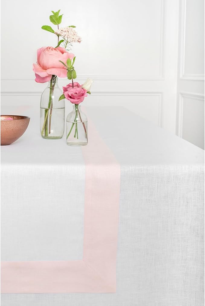 Solino Home Linen Tablecloth 60 x 144 Inch - 100% Pure Linen Blush Pink and White Tablecloth for Rectangle Tables - Contempo, Machine Washable Table Cloth