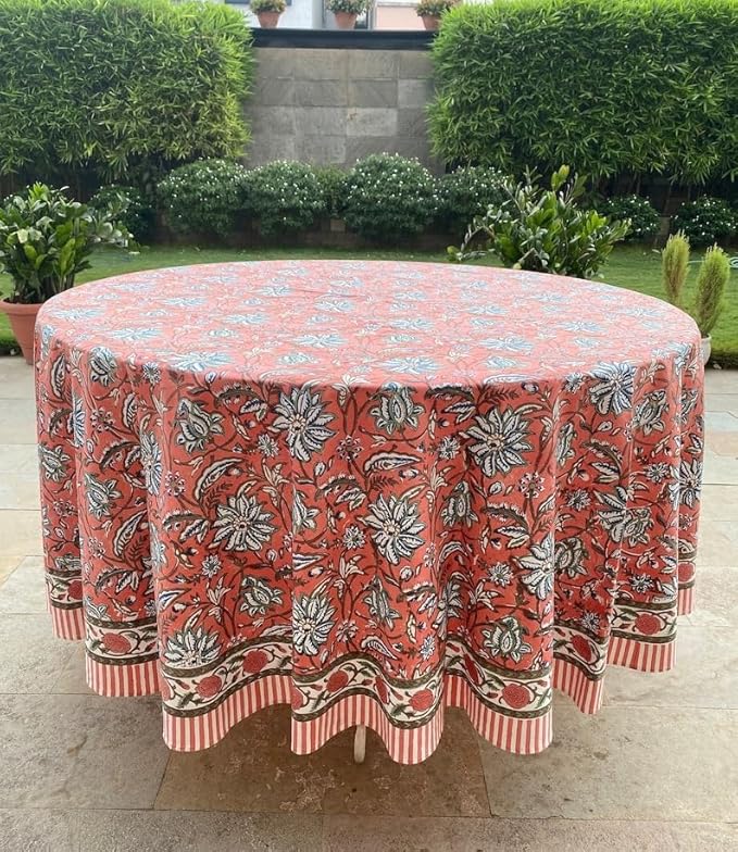 Ridhi Block Print Round Peach and Berry Blue Reusable Tablecloth 100% Cotton 110" Inch Decorative Table Cover eveyday Dining, Home, Party, Wedding, Farmhouse Gift for Spring, Easter, Valentine