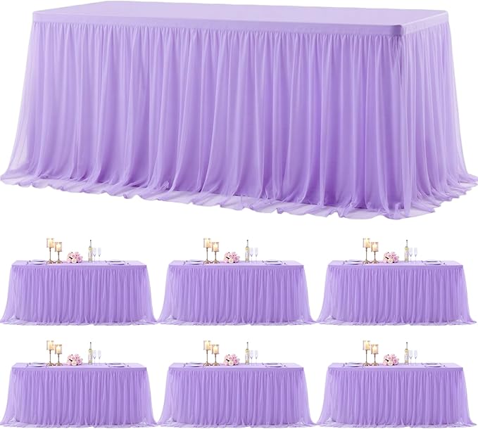 Suppromo 6 Pack 8ft Lavender Tulle Tablecloths for Rectangle Tables 8 Foot Rectangular Table Cloth Wrinkle Free Table Cover with Tutu Skirt for Wedding Baby Shower Birthday Party Banquet Buffet Cake