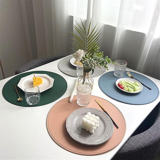 Round Leather Placemat for Dining Faux Large Non-Slip Insulation PU Place Mat for Kitchen of Home Waterproof(Green)