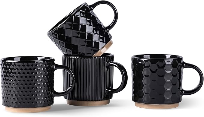 GBhome 8OZ Stackable Coffee Mugs, Ceramic Coffee Mugs with Texture Patterns for Man,Woman,Dad,Mom, Modern Coffee Cups Set of 4 for Espresso/Cappuccino/Cocoa. Dishwasher&Microwave Safe, Black