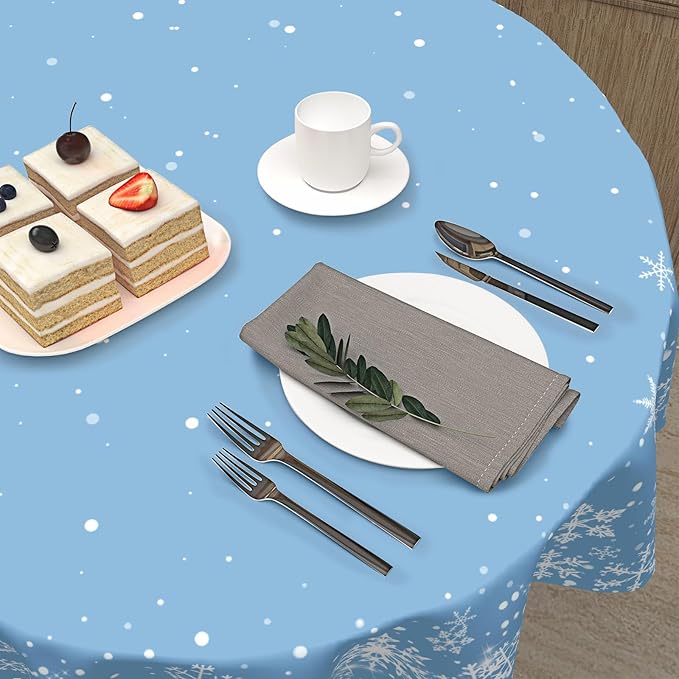 Winter Tablecloth Round 70 Inch Blue Christmas Snowflake Table Cloth Round Blue and White Xmas Holiday Table Cover for Kitchen Dinner Home Decor