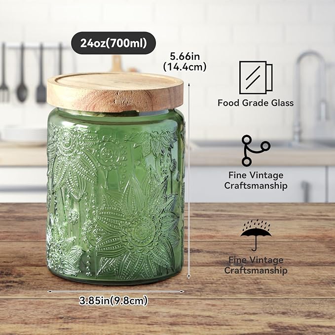 Vintage Glass Jar with Lid, Cookie Candy Jar Coffee Canister Food Storage Containers Set for Kitchen Office (Green Acacia)
