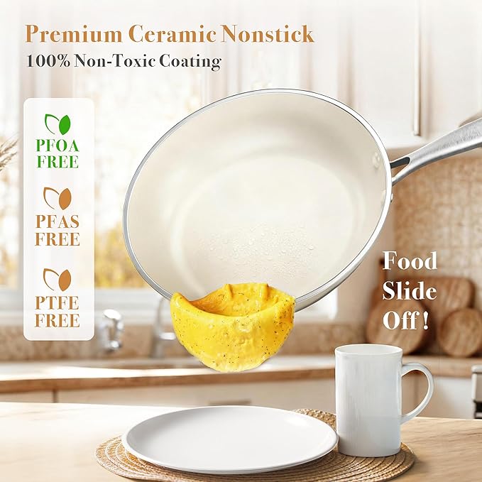 PekGema Ceramic Pots and Pans Set, 16 Pcs Cookware Set Non Toxic, Nonstick Kitchen Cookware, Oven Safe Cooking Pan Set, PFAS PTFE PFOA FREE, Cream White