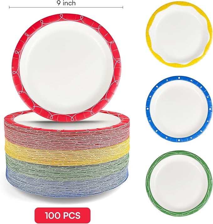 Plates Disposable Heavy Duty 9 Inch, Holiday Paper Plates for Dinner, Heavy Duty Paper Plates for Everyday Breakfast, Lunch, & Dinner Meals, Paper Household Supplies 100PCS