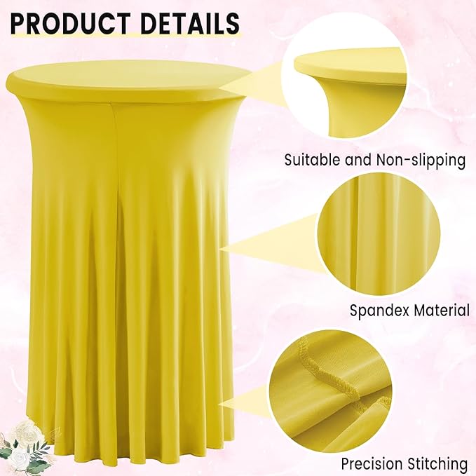 Qubjus 2 Pack Cocktail Tablecloths Stretch Table Skirt - 32x43 inch Bar High Top Stylish and Elegant Cocktail Table Covers for Parties, Weddings, Holidays - Yellow
