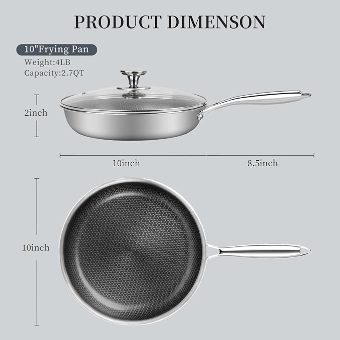 Innerwell Stainless Steel Frying Pan Nonstick Frying Pan with Lid 10 Inch Honeycomb Stainless Steel Skillet Woks Pan for Gas Electric Induction Ceramic Stoves and Oven