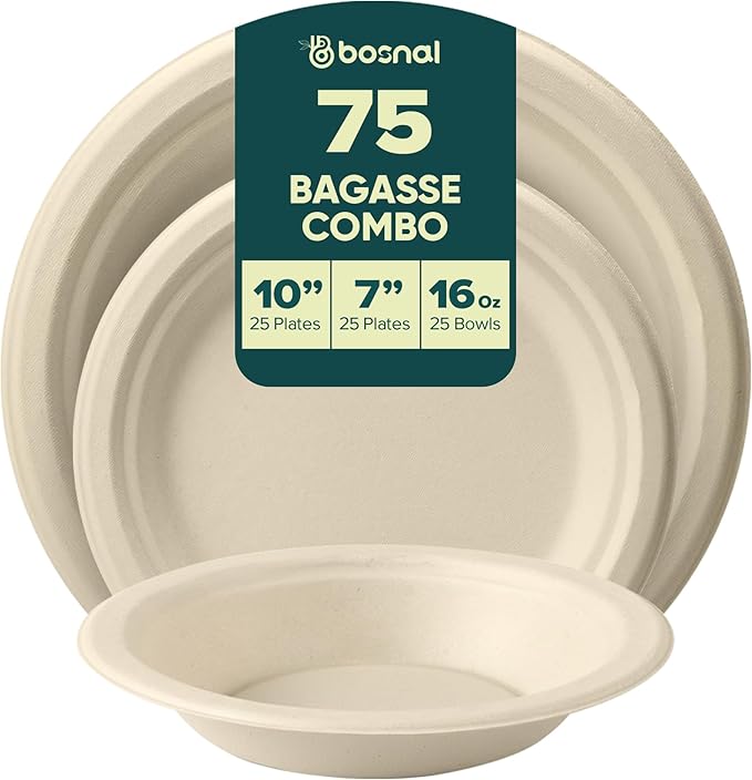 BOSNAL 10 inch & 7 inch Round Plates with 16 oz Bowls – 100% Plant-Based Sugarcane Bagasse, Eco-Friendly Disposable Dinnerware for Hot & Cold Meals, Microwave Safe, Compostable, Durable & Sustainable