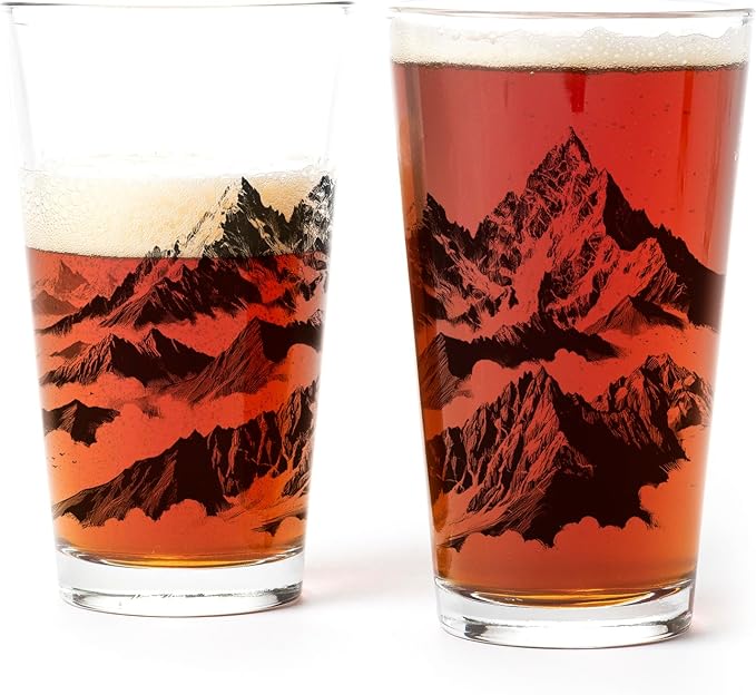 Black Lantern Pint Glasses Mountain Range Beer Glass Set - Two Premium 16oz. Drinking Cups - Dishwasher-Safe