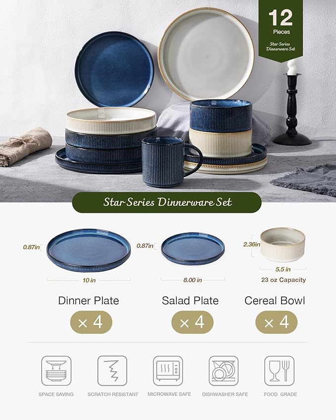 Famiware Star Dinnerware Set, Plates and Bowls Sets for 4 (12pcs), Ribbed Stoneware Dishes - Chip & Scratch Resistant, Microwave & Dishwasher Safe, Multicolor - Cappuccino White & Nebulas Blue