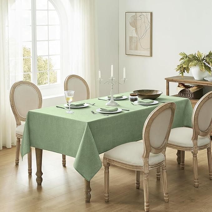 Softalker Extra Long Sage Green Table Cloth 144 x 60 inch Rectangular Faux Linen Tablecloth Outdoor Waterproof Stain and Wrinkle Resistant Table Cover Spring Tabletop for Easter Party Picnic Decor